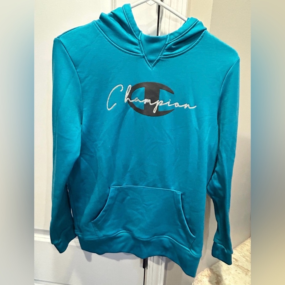 Champion Hoodie Sweatshirt Girls Kids 14/16 Blue Silver Glitter Writing